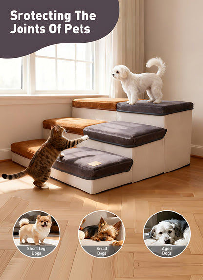 3-Tier Foldable Dog Stairs for Small Dogs – Non-Slip Nylon Pet Ramp for High Beds & Sofas, Compact Foldable Design, Brown & White, Includes Bonus Chicken Leg Plush Toy