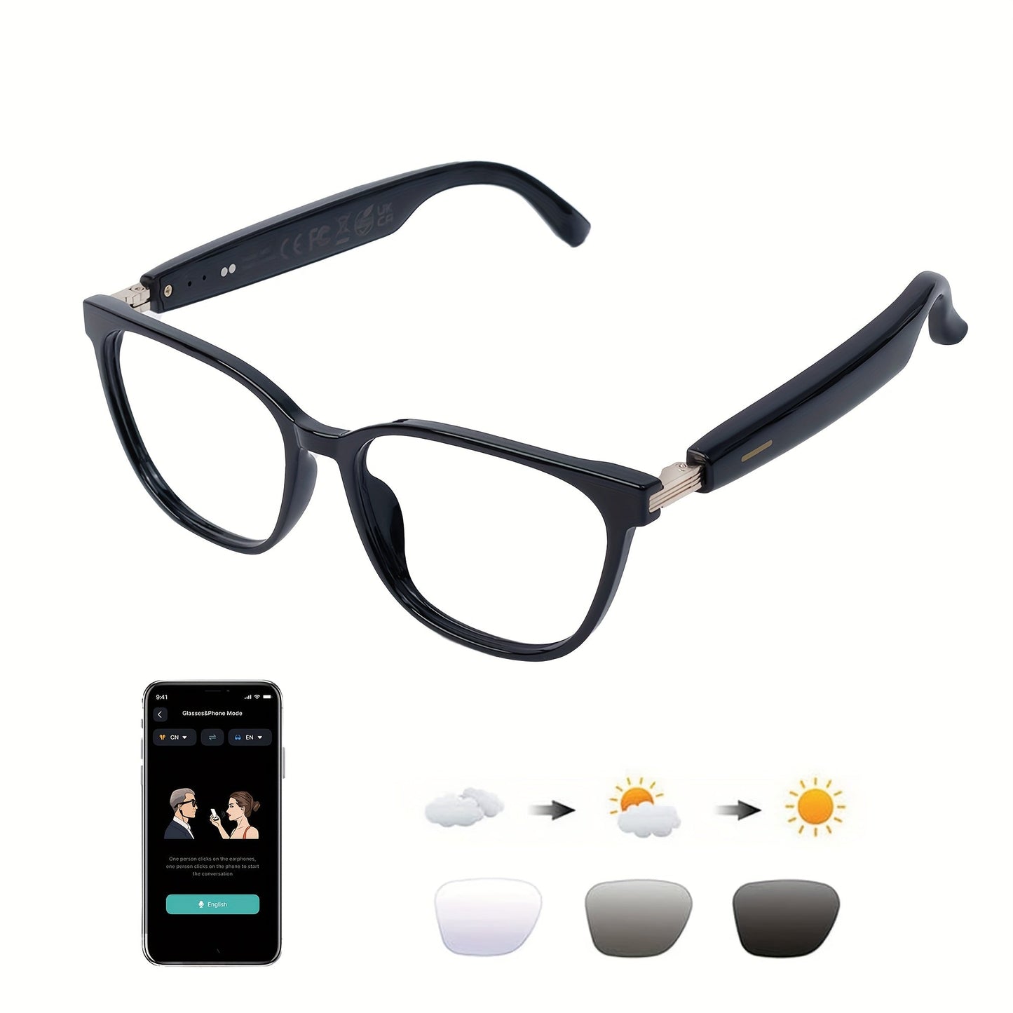 AI Smart Glasses Real-Time Translation 160+ Languages ChatGPT System Bluetooth 5.3 Built-in Mic Speaker – HD Voice Calls HiFi Music Smart Audio Glasses Unisex Men Women