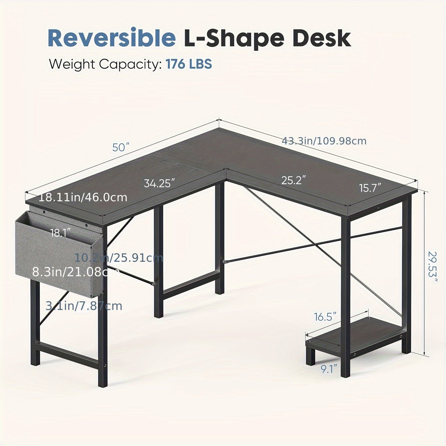L-Shaped Corner Desk 50 Inch – Gaming & Home Office Computer Desk with CPU Stand, Side Bag & Wooden Desktop, Reversible PC Writing Study Table for Home Office, Dorm & Small Spaces