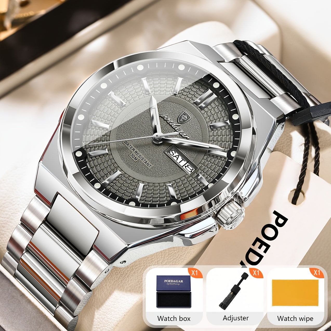 POEDAGAR Men's Quartz Watch Waterproof Luminous Stainless Steel Wristwatch with Weekly Calendar Display – Classic Elegant Design, Perfect Gift for Men, Multiple Color Options