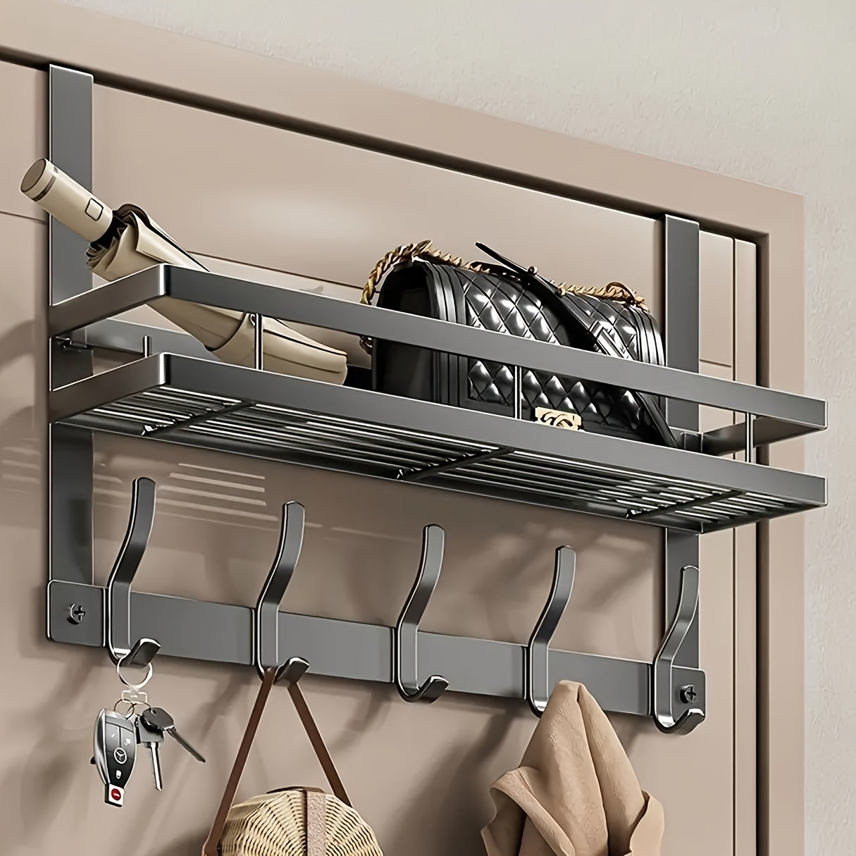 Over-the-Door Storage Rack Heavy Duty Metal Hooks | No Tools Required 4 to 8 Hooks | Bedroom Bathroom Kitchen Closet Door Organizer Hanger | Black Gray | 14 to 24 Inch
