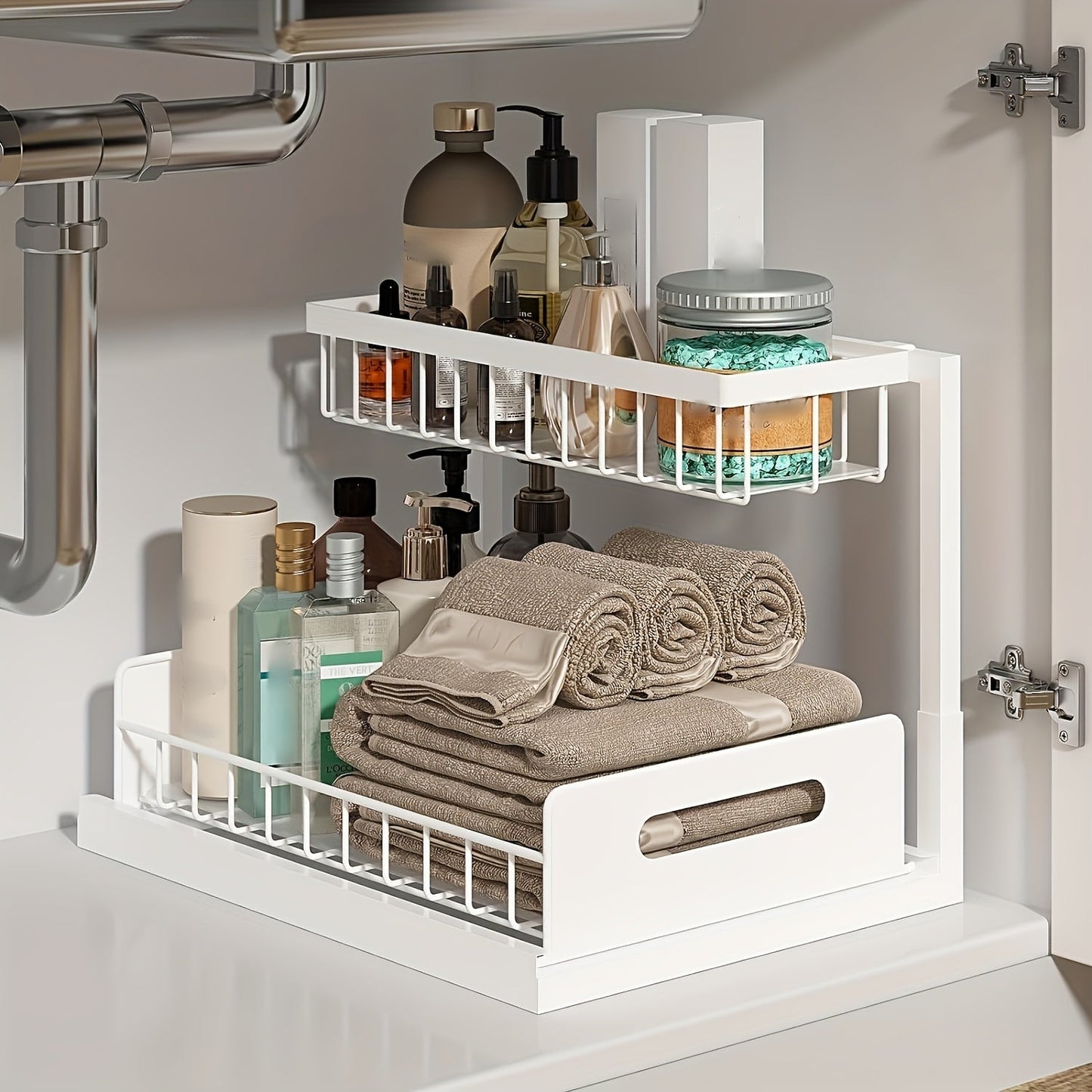 Under Sink Organizer Pull Out 2-Tier Slide Out Cabinet Shelf Kitchen Bathroom Storage Rack Utility Organizer – Black White Light Grey, 1 or 2 Pack