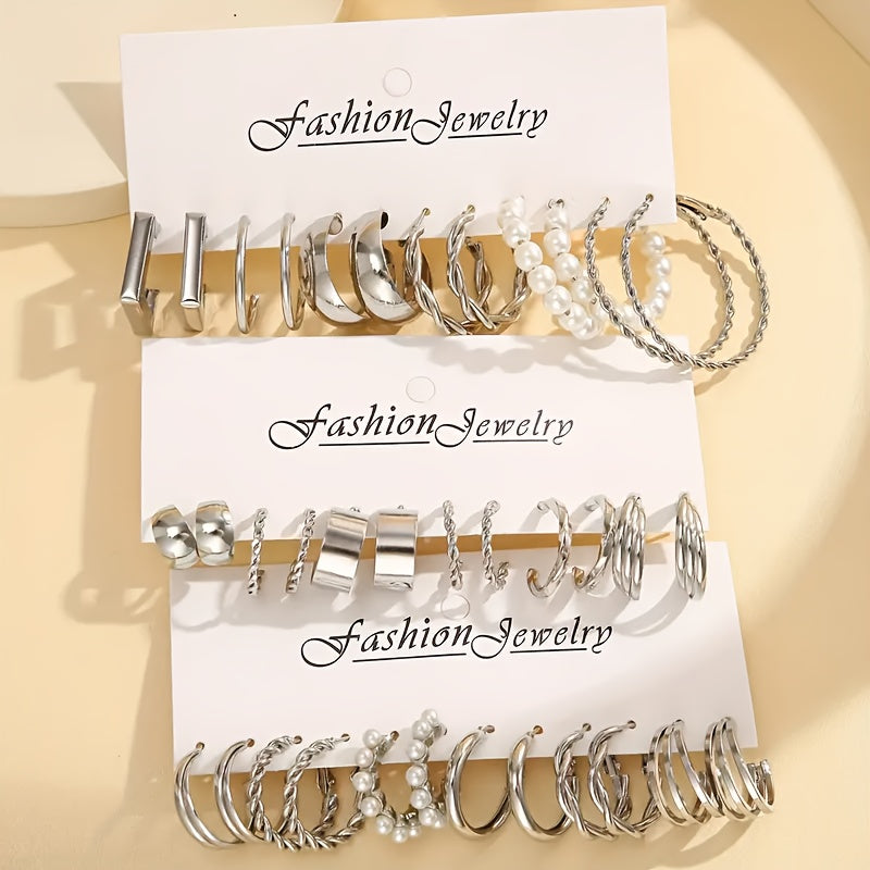 24 Pairs Fashion Alloy Earrings Set for Women – Zinc Alloy with Stainless Steel Studs Hypoallergenic Everyday Party Holiday Jewelry Gift Year-Round Styling