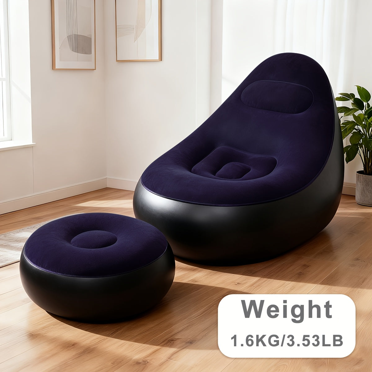 Inflatable Sofa Set 2 Piece Adult Recliner Lounge Chair with Footstool Plush Fabric Heavy Duty Portable Folding Air Couch with Pump Indoor Outdoor Camping Beach Living Room Patio