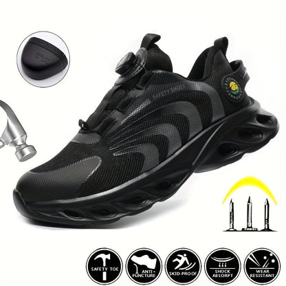 Men's Steel Toe Safety Shoes Wide Width Puncture-Proof with Rotating Buckle – Non-Slip Cushioned Work Boots for Construction, Industrial & Warehouse, Sizes US 6.5–13.5
