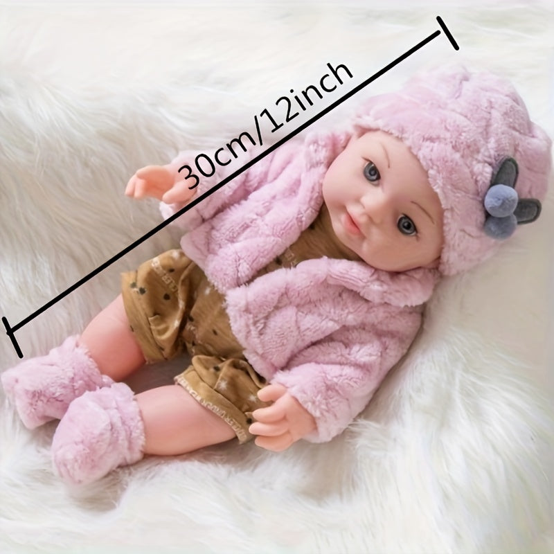 12 Inch Reborn Baby Doll with Pink Plush Clothes Set – Lifelike 30cm Soft Body Newborn Doll with Hat, Socks & Pacifier, Realistic Baby Doll Toy Gift for Girls, Kids & Collectors