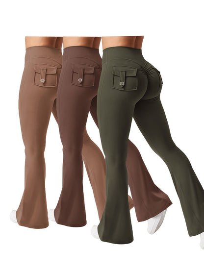 Women's 3-Piece High Waist Flare Yoga Pants Set with Belt and Pockets, Scrunch Butt Lifting Squat Proof 90% Polyester Stretchy Flared Leggings for Workout Gym Running Casual Wear