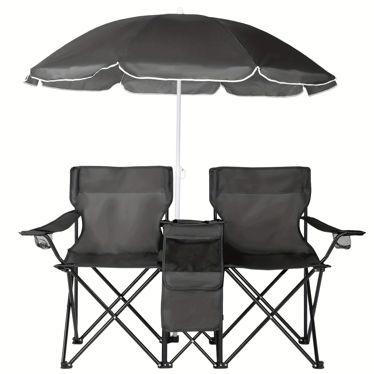 2-Person Outdoor Folding Chair with Removable Sun Umbrella – Portable Loveseat Camping Chair with Handrails for Fishing Beach Sunbathing Picnic