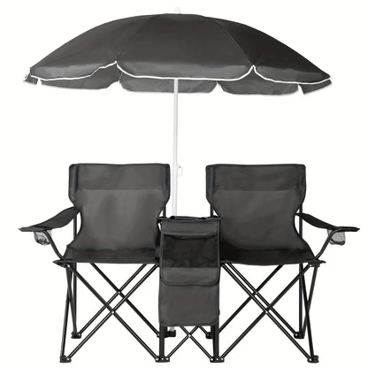 2-Person Outdoor Folding Chair with Removable Sun Umbrella – Portable Loveseat Camping Chair with Handrails for Fishing Beach Sunbathing Picnic
