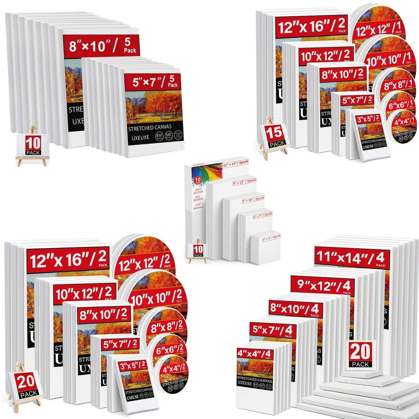 Stretched Canvas Multi-Pack Primed White 100% Cotton – Round Rectangular and Square Sets in 10 15 and 20 Pieces – Artist Canvas Boards for Acrylic Oil Painting Pouring and Mixed Media