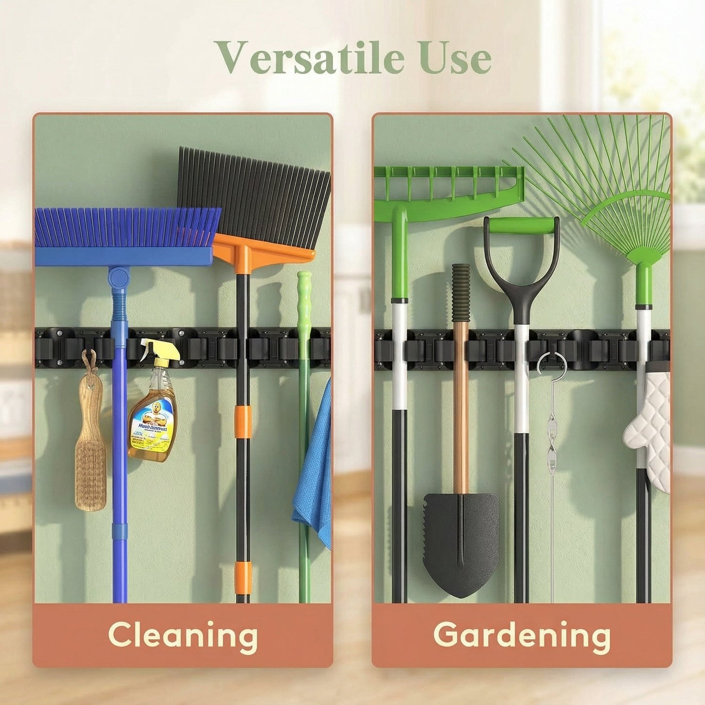 Wall-Mounted Mop and Broom Holder Organizer 5 Slots 6 Hooks Heavy-Duty Non-Slip Cleaning Tool Rack for Home Garage Kitchen Laundry Room Boat – Easy Install on Any Surface