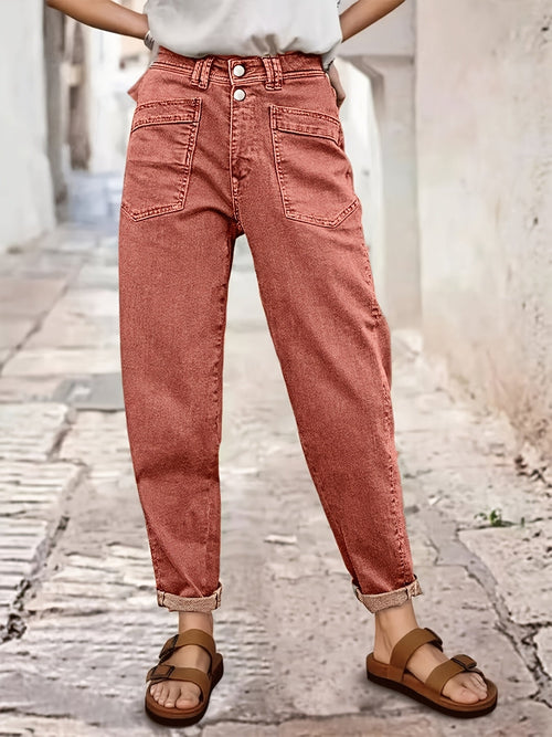Women's Stretch Mid-Rise Straight Jeans - Olive Green Button-Fly Slash Pockets Belt Loops, 4-Way Stretch Baggy Street Fashion Denim Pants for Casual Semi-Formal Four Seasons Wear, Machine Washable