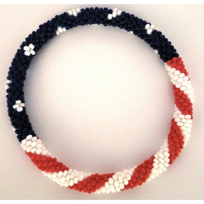 Set of 2 Handmade USA Flag Patriotic Glass Bead Bracelets – Boho Roll-On Crochet Bangles for Men & Women, Nepal Artisan Jewelry, Red White Blue Beaded Bracelet Set, 4th of July Gift