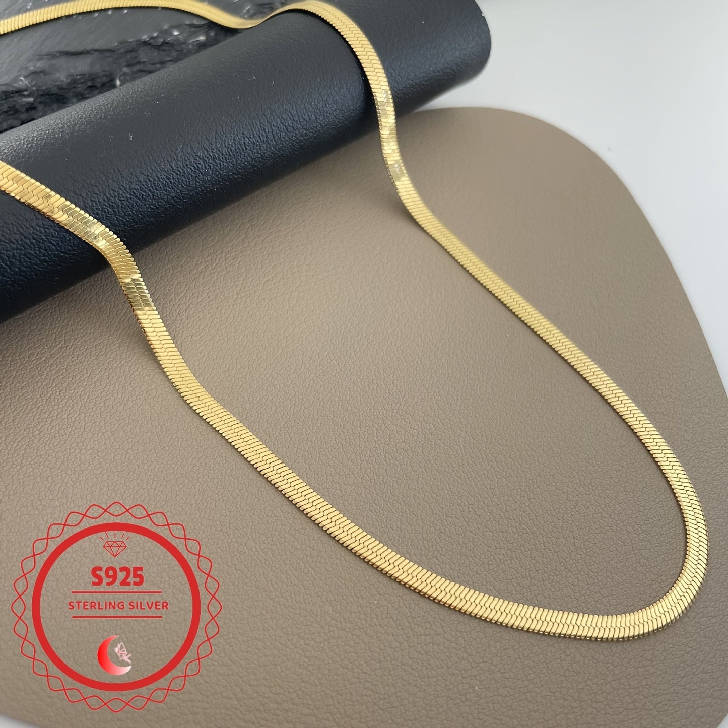 8mm Wide Herringbone Chain Necklace 24K Gold Plated 925 Sterling Silver Bold Flat Snake Chain for Women Men 18-24 Inch Italian Design Statement Jewelry