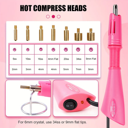 Hotfix Rhinestone Applicator Kit Complete Bedazzling Set with Wand 7 Tips Multi-Color Crystal Stones Tweezers Wax Pens & Storage Bag - DIY Bling Tool for Clothing Fabric Leather Crafts