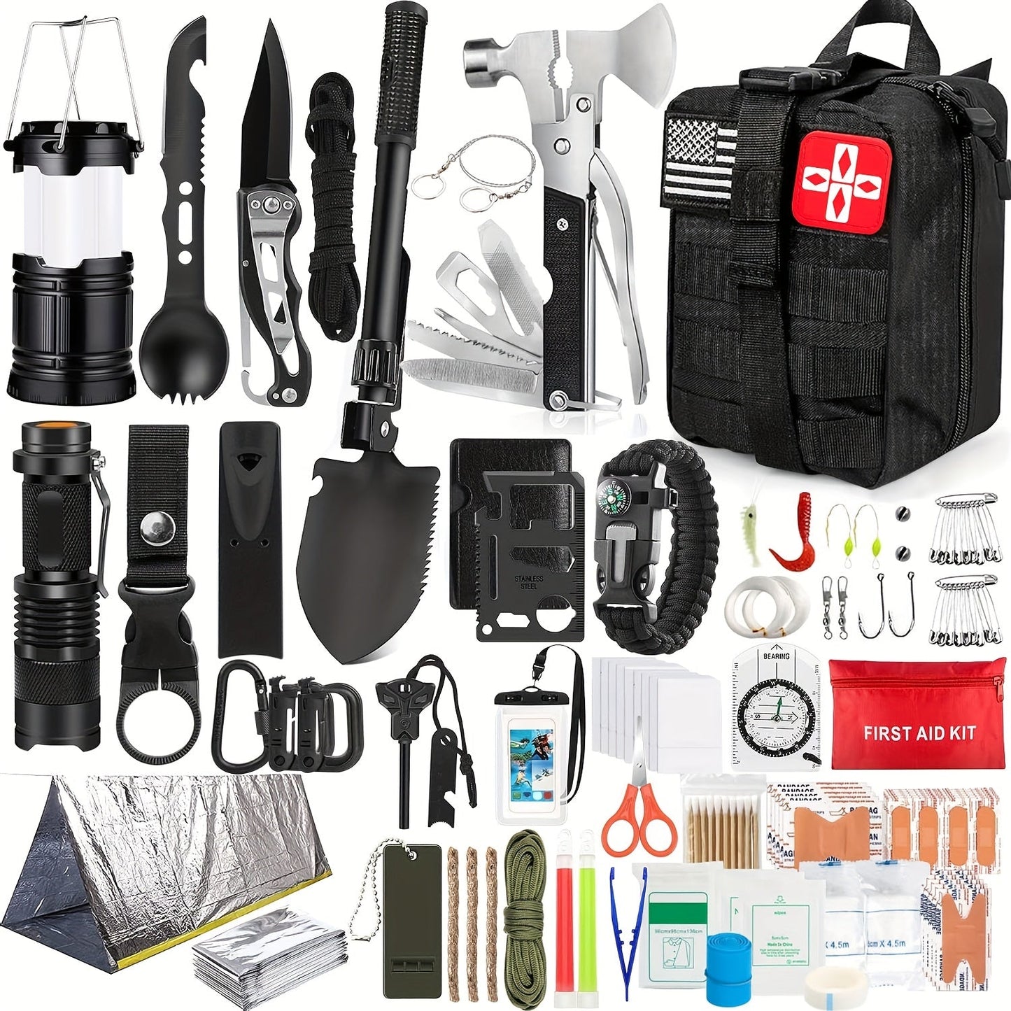 Professional Survival Gear Kit 14, 152 or 258 Piece – Outdoor Emergency Survival Equipment with Fire Starter, Compass & Multitool for Camping, Hiking & Adventure, Best Gift for Men & Women