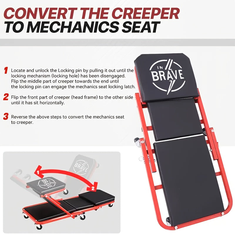36 Inch Heavy Duty 3-in-1 Folding Mechanic Creeper with Adjustable Z-Seat - 6 Lockable Swivel Casters, 350-650 Lb Capacity, Vinyl Padded Seat & Headrest, Professional Automotive Repair Crawler
