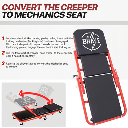 36 Inch Heavy Duty 3-in-1 Folding Mechanic Creeper with Adjustable Z-Seat - 6 Lockable Swivel Casters, 350-650 Lb Capacity, Vinyl Padded Seat & Headrest, Professional Automotive Repair Crawler