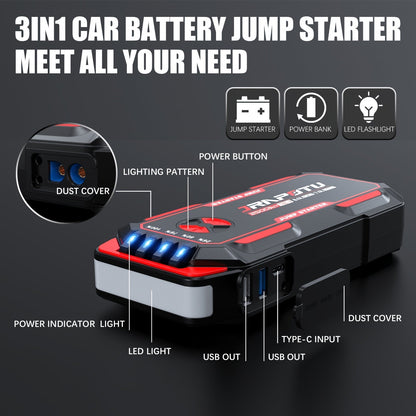 Portable Car Jump Starter 2500A Peak | 8000mAh-10000mAh 12V Battery Booster Pack, Up to 30 Starts, USB Charging Ports & LED Flashlight – Fits Gas 7.0L & Diesel 8.0L Engines, Trucks, SUVs, Motorcycles