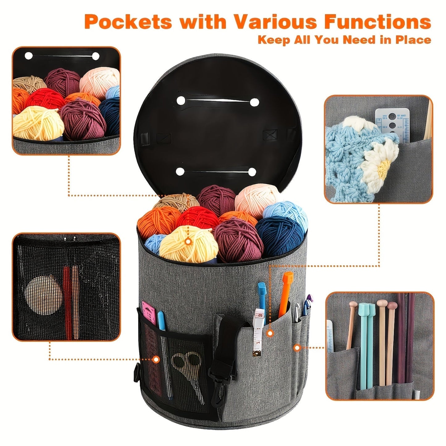 Crochet Bag Yarn Storage Organizer with Front Pocket – Spacious Knitting Tote for Yarn, Hooks & Needles, Sturdy & Lightweight, Available in Grey, Purple & Dark Pink