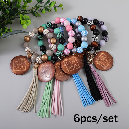 MAMA Wooden Bead Keychain Set 6pcs – Printed Wooden Plaque Charm, Tassel Wrist Key Ring, Anti-Loss Car Keychain & Backpack Accessory, Perfect Mother's Day & Holiday Gift for Mom