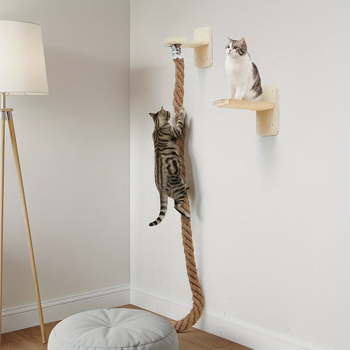 Wall-Mounted Cat Tree with 60" Jute Climbing Rope – Space-Saving Cat Wall Furniture with Scratching Post, Large Ladder & Resting Platform, Indoor Cat Climbing Activity Set for Exercise & Play