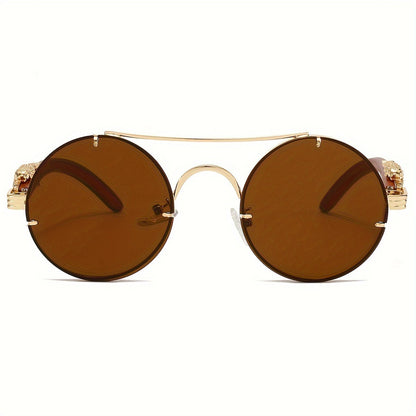 Round Metal Frame Gradient Sunglasses for Men & Women – Luxury Double Bridge, Leopard Detail Hinges, Gradient PC Lenses, Includes Case, Chic Vacation & Street Style Eyewear