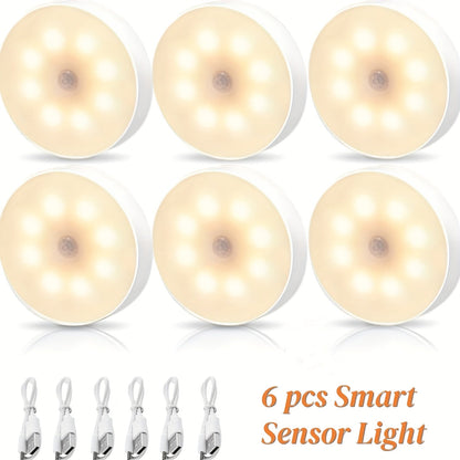 LED Motion Sensor Night Lights USB Rechargeable Wireless Dual Mode Adjustable Brightness Magnetic Mount – Under Cabinet Kitchen Hallway Stairs Closet 6 or 12 Pack