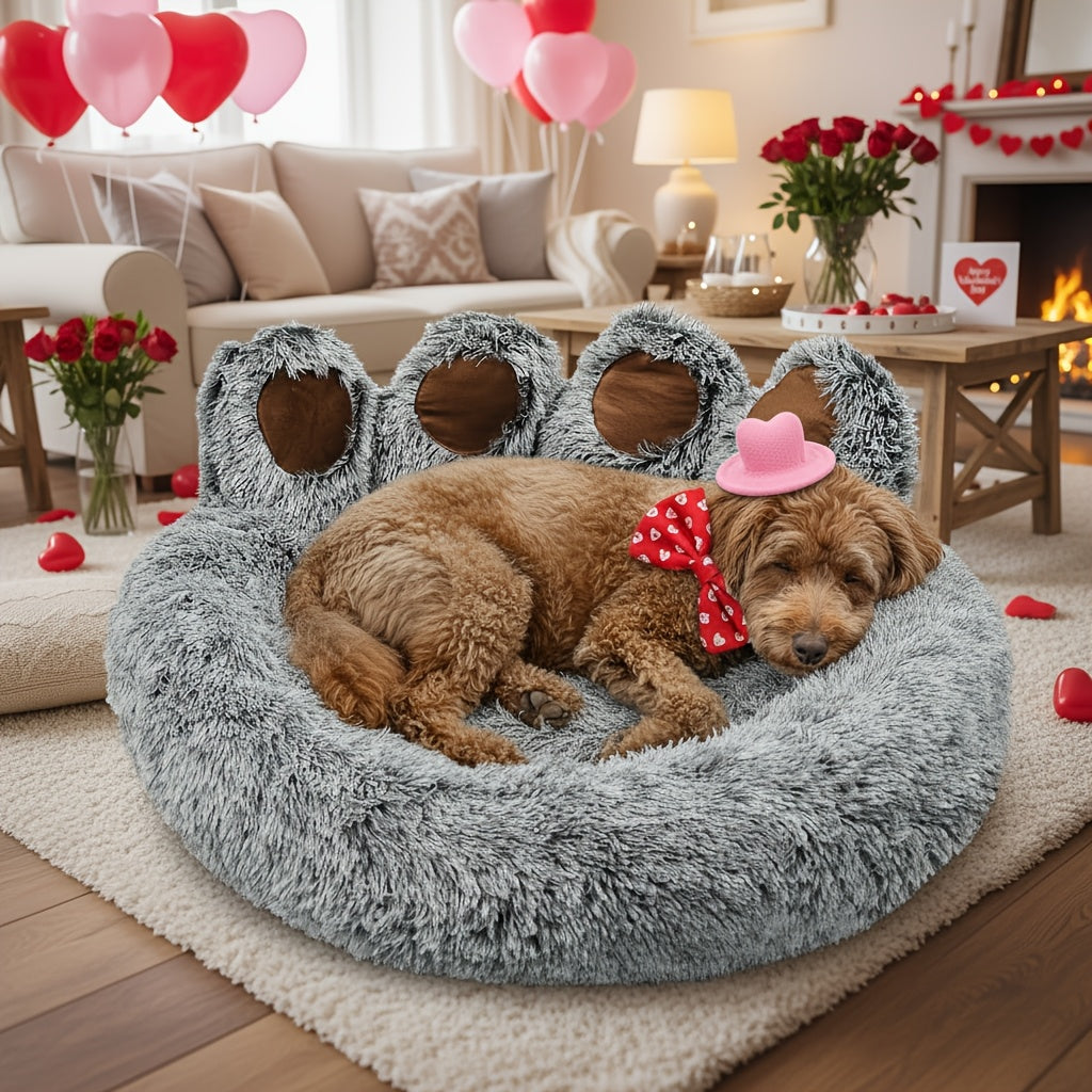 Bear Paw Shaped Donut Dog Bed & Cat Bed – Calming Warm Soft Plush Round Pet Mattress with Bonus Pet Scarf S M L XL 2XL Coffee Pink Grey Brown for Small Medium Large Dogs Cats