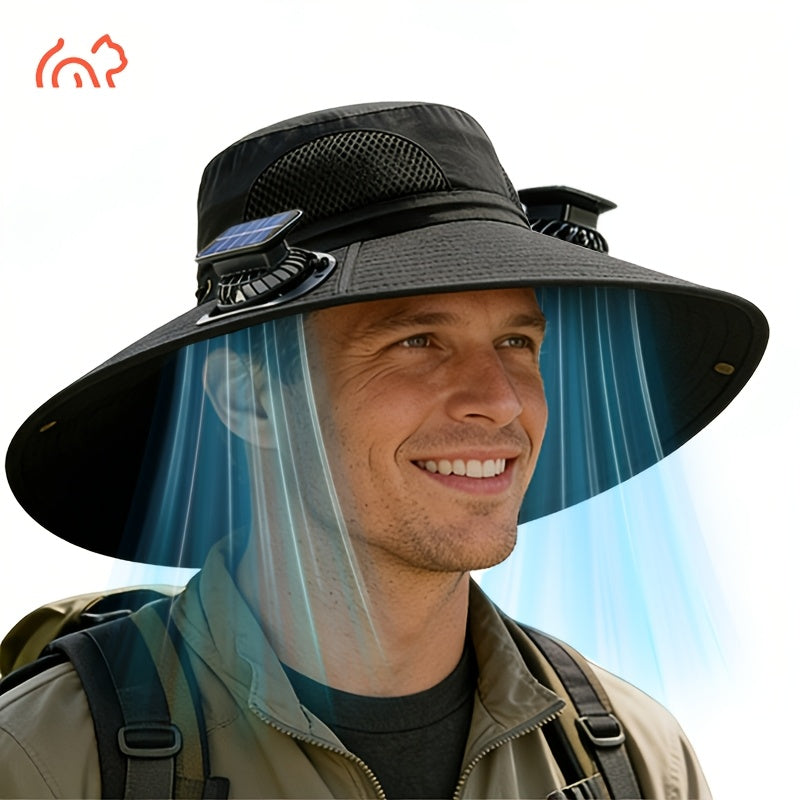 Solar Fan Hat with Dual Fans & USB Charging for Men & Women – Wide Brim Cooling Cap with Long Battery Life for Camping, Hiking, Fishing, Gardening & Outdoor Activities, Black, Dark Gray & Khaki