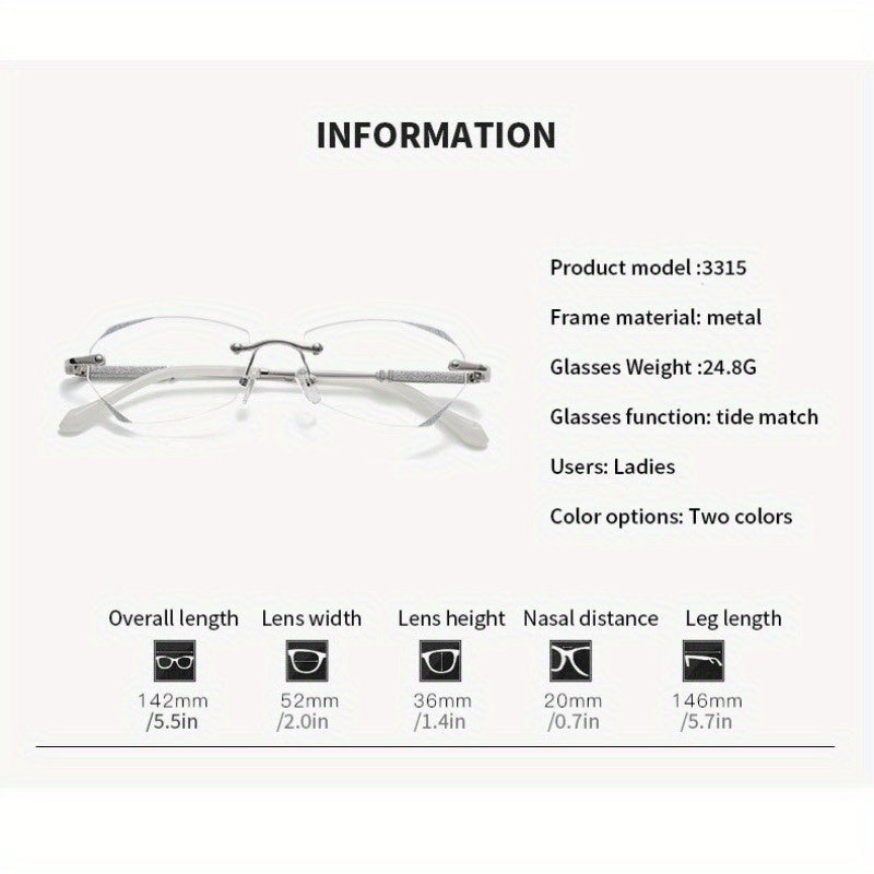 2-Pack Diamond Sparkle Rimless Reading Glasses for Women – Blue Light Blocking PC Lenses, Lightweight Metal Frame, Flexible Nose Pads, Strengths +1.0 to +4.0 for Computer & Reading