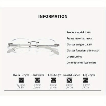2-Pack Diamond Sparkle Rimless Reading Glasses for Women – Blue Light Blocking PC Lenses, Lightweight Metal Frame, Flexible Nose Pads, Strengths +1.0 to +4.0 for Computer & Reading
