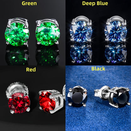 4 Pairs VVS1 Moissanite Stud Earrings Set in S925 Sterling Silver – Round Cut Colorful CZ Studs in Champagne, Olive, Red, Pink, Green & Blue for Men & Women, Party & Daily Wear