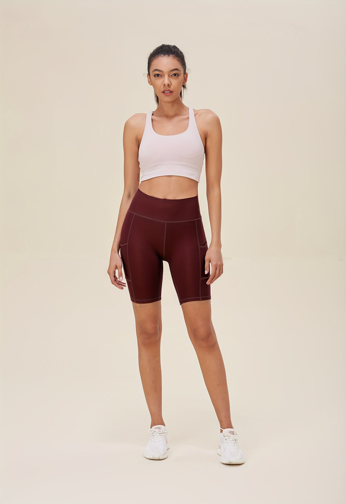 Women's High-Waisted Yoga Shorts 4-Pack Butt-Lifting 5-Pocket – Mid-Stretch Breathable Seamless Workout Shorts for Summer Yoga, Pilates & Gym Training (Red, Black, Gray, Navy Blue)