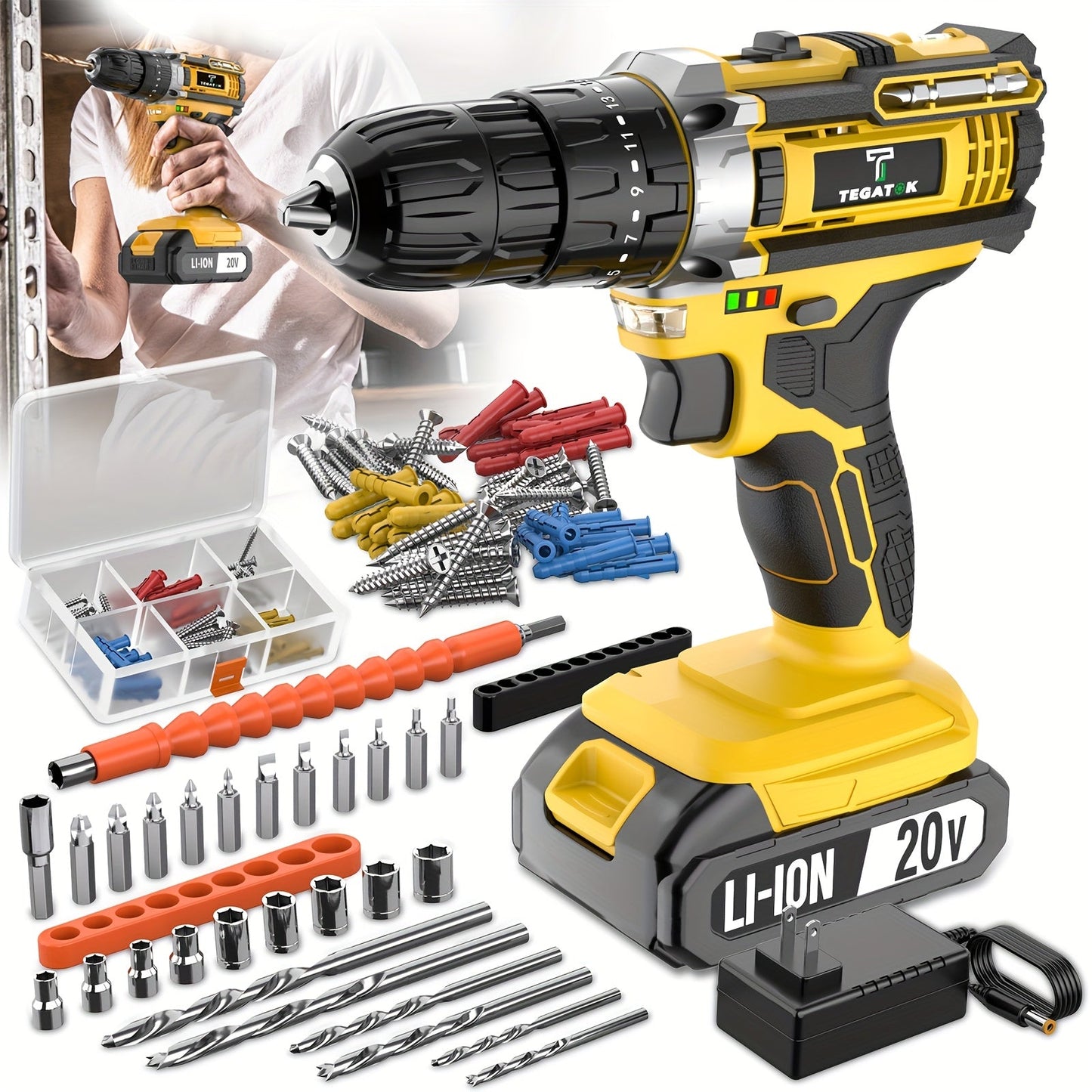 20V Cordless Drill Set with Battery & Fast Charger – Impact Power Drill, 45Nm Torque, 3/8" Keyless Chuck, 18+3 Clutch, 2-Speed, LED Work Light for Home & DIY