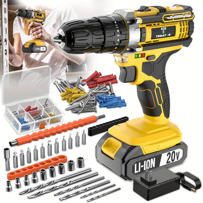 20V Cordless Drill Set with Battery & Fast Charger – Impact Power Drill, 45Nm Torque, 3/8" Keyless Chuck, 18+3 Clutch, 2-Speed, LED Work Light for Home & DIY