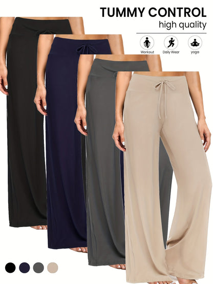 Wide Leg Palazzo Pants for Women 4-Pack – High Waist Flowy Stretchy Casual Beach Lounge Pants, Loose Dress Pants for Everyday Wear, Vacation, Summer & Plus Size – S to XXL, Black & Mixed Colors