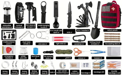 170-Piece Survival Kit & First Aid Emergency Gear Set – Includes Knife, 14-in-1 Axe, Flashlight, Survival Bracelet & Medical Supplies, Canvas Bag, Perfect Camping Hiking Outdoor Gift for Men & Women