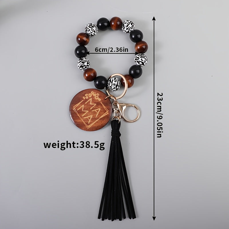 MAMA Wooden Bead Keychain Set 6pcs – Printed Wooden Plaque Charm, Tassel Wrist Key Ring, Anti-Loss Car Keychain & Backpack Accessory, Perfect Mother's Day & Holiday Gift for Mom