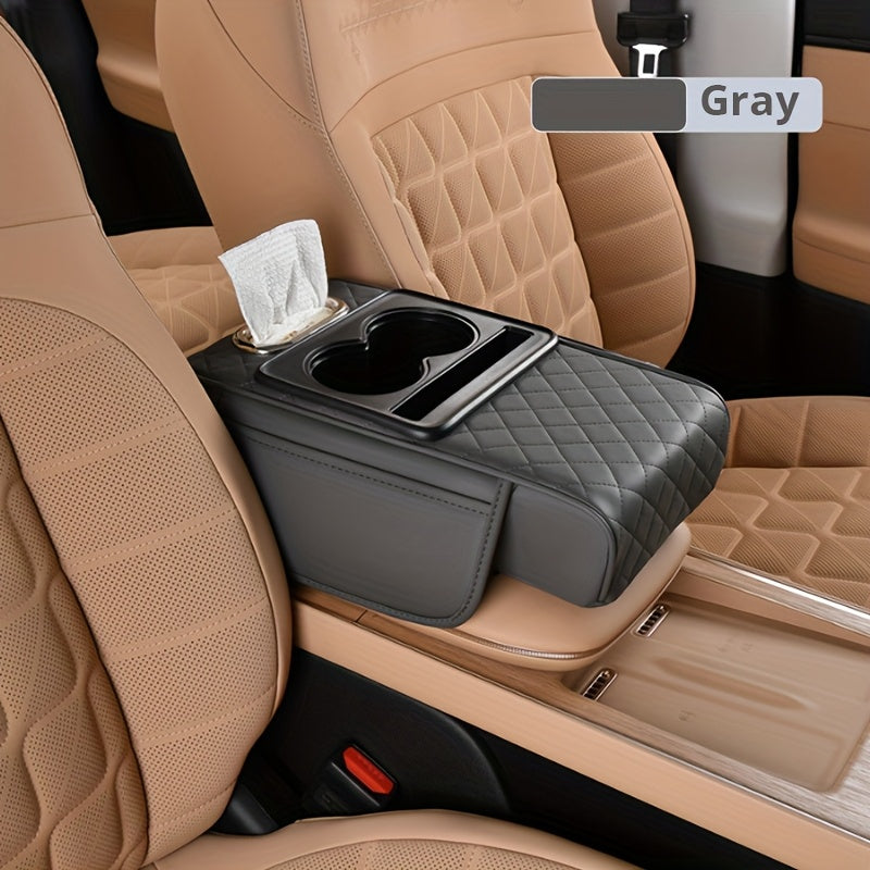 PU Leather Car Center Console Mat & Armrest Box Cover | Universal Fit, 2 Side Pockets, 2 Cup Holders, Phone & Card Storage, Tissue Box Replacement – Black, Grey, Red, Beige, Brown, Cream
