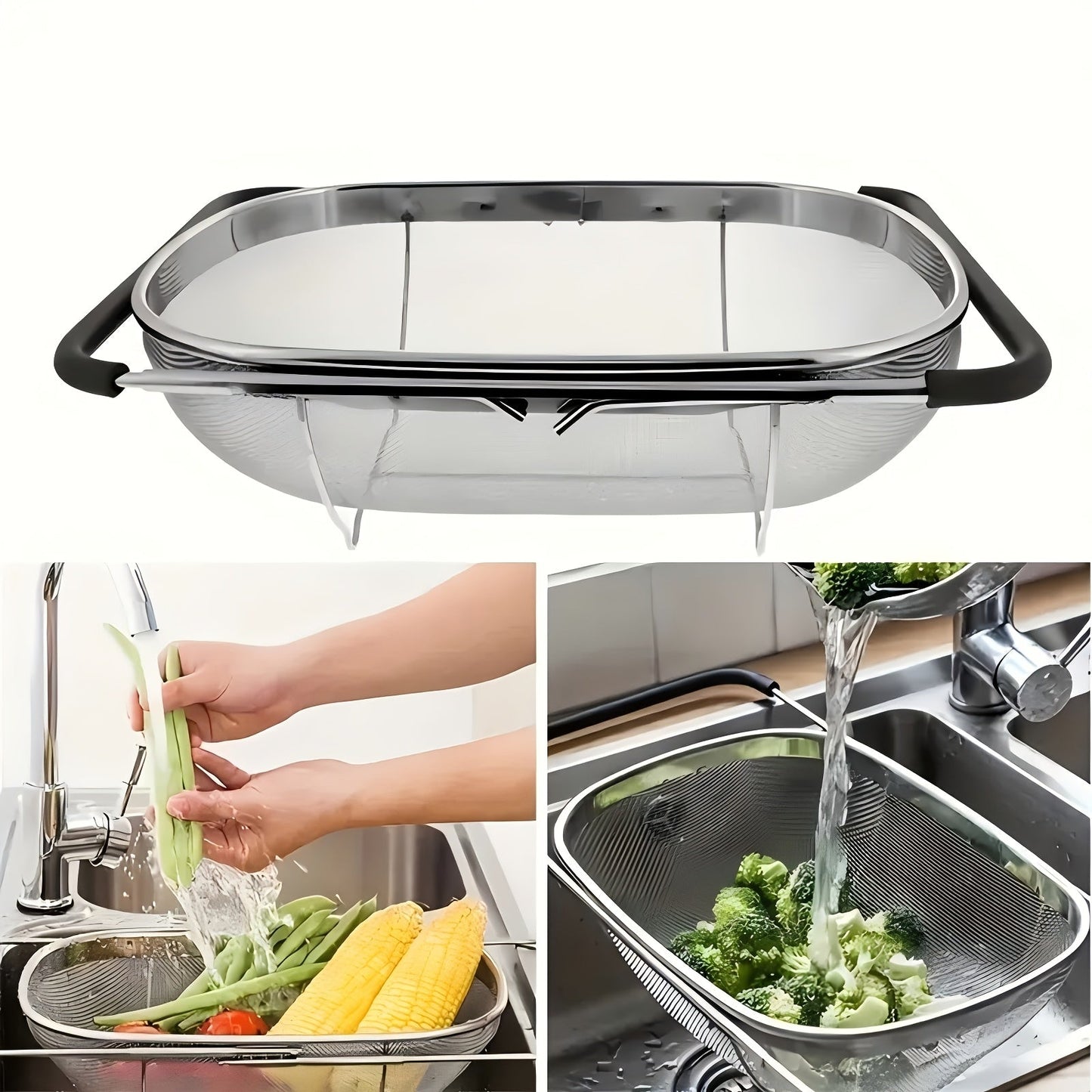 Expandable Stainless Steel Colander Strainer – Fine Mesh Drain Basket for Vegetables Fruits Pasta, Food-Safe Kitchen Essentials, Adjustable Size, Easy Storage
