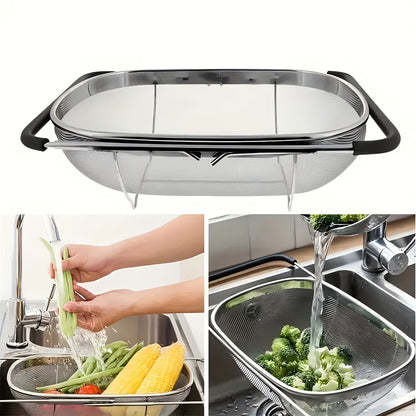 Expandable Stainless Steel Colander Strainer – Fine Mesh Drain Basket for Vegetables Fruits Pasta, Food-Safe Kitchen Essentials, Adjustable Size, Easy Storage