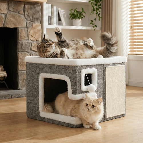 3-in-1 Cat House Indoor Condo – Luxury Wooden Ottoman Style Cat Bed Sleep Play & Scratch, Multi-Cat Friendly Large Cat Cave Hideaway Cube Furniture, Light Gray Standard & Large