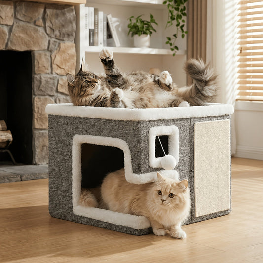 3-in-1 Cat House Indoor Condo – Luxury Wooden Ottoman Style Cat Bed Sleep Play & Scratch, Multi-Cat Friendly Large Cat Cave Hideaway Cube Furniture, Light Gray Standard & Large