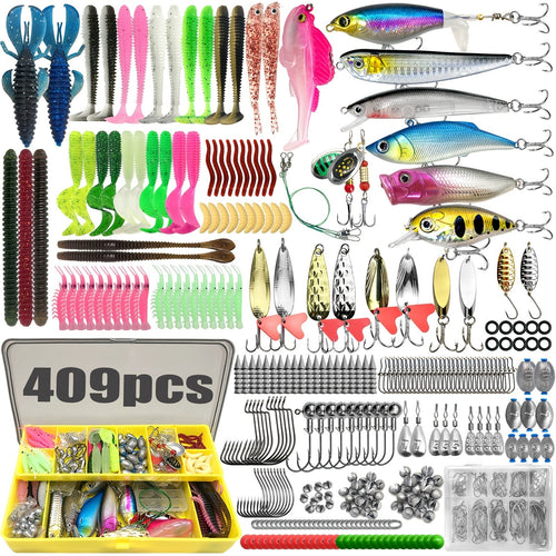 Fishing Tackle Set Complete Freshwater Kit 83 to 409 Pieces – Spinnerbaits, Crankbaits, Jig Heads, Sinkers, Hooks & Carry Case, Ultimate Bass Fishing Lure Assortment for Beginners and Pros