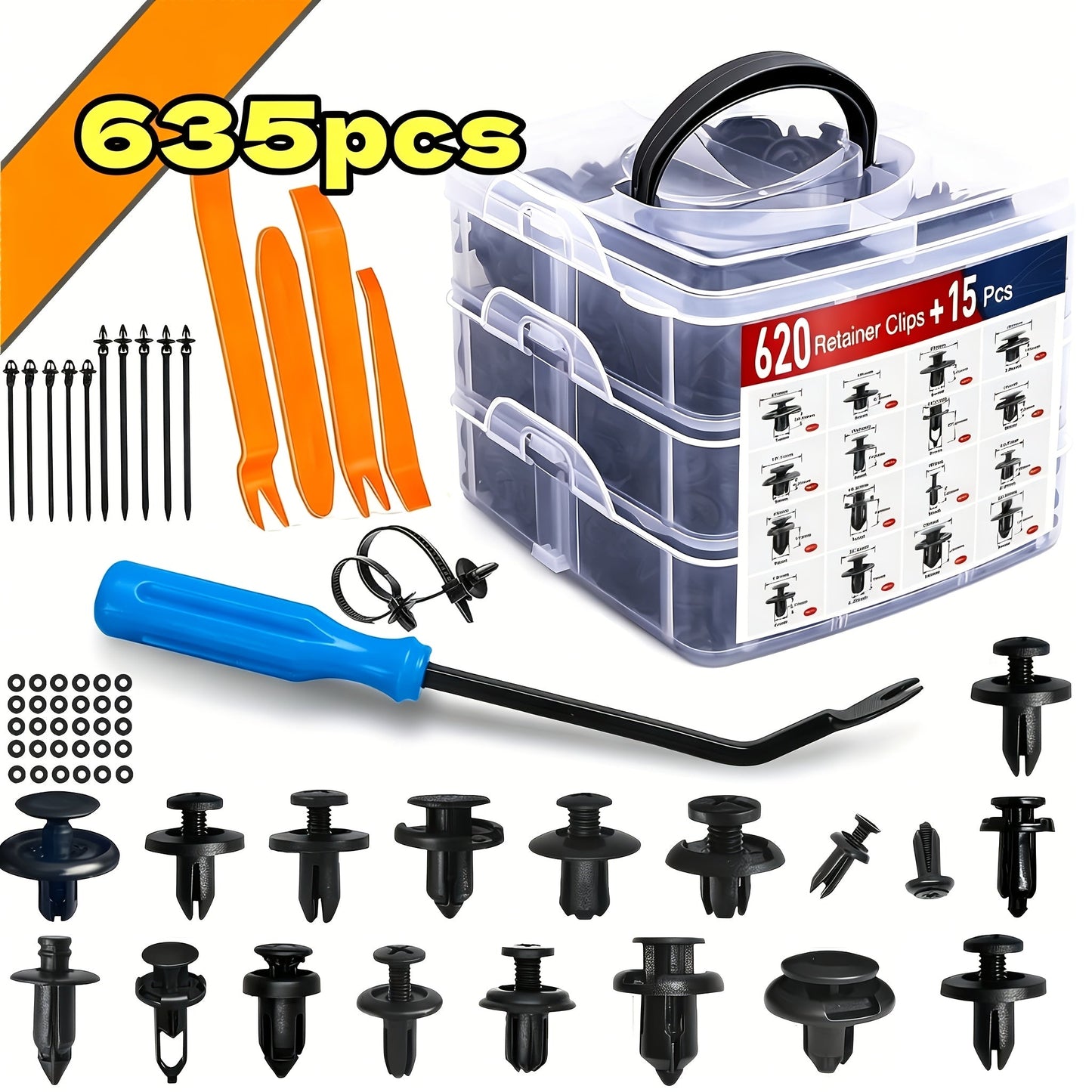 Car Push Retainer Clips Assortment Kit 115/635/640/1290 Pcs - 16 Sizes Nylon Bumper Fender Rivets Automotive Fasteners with Cable Ties & Removal Tool