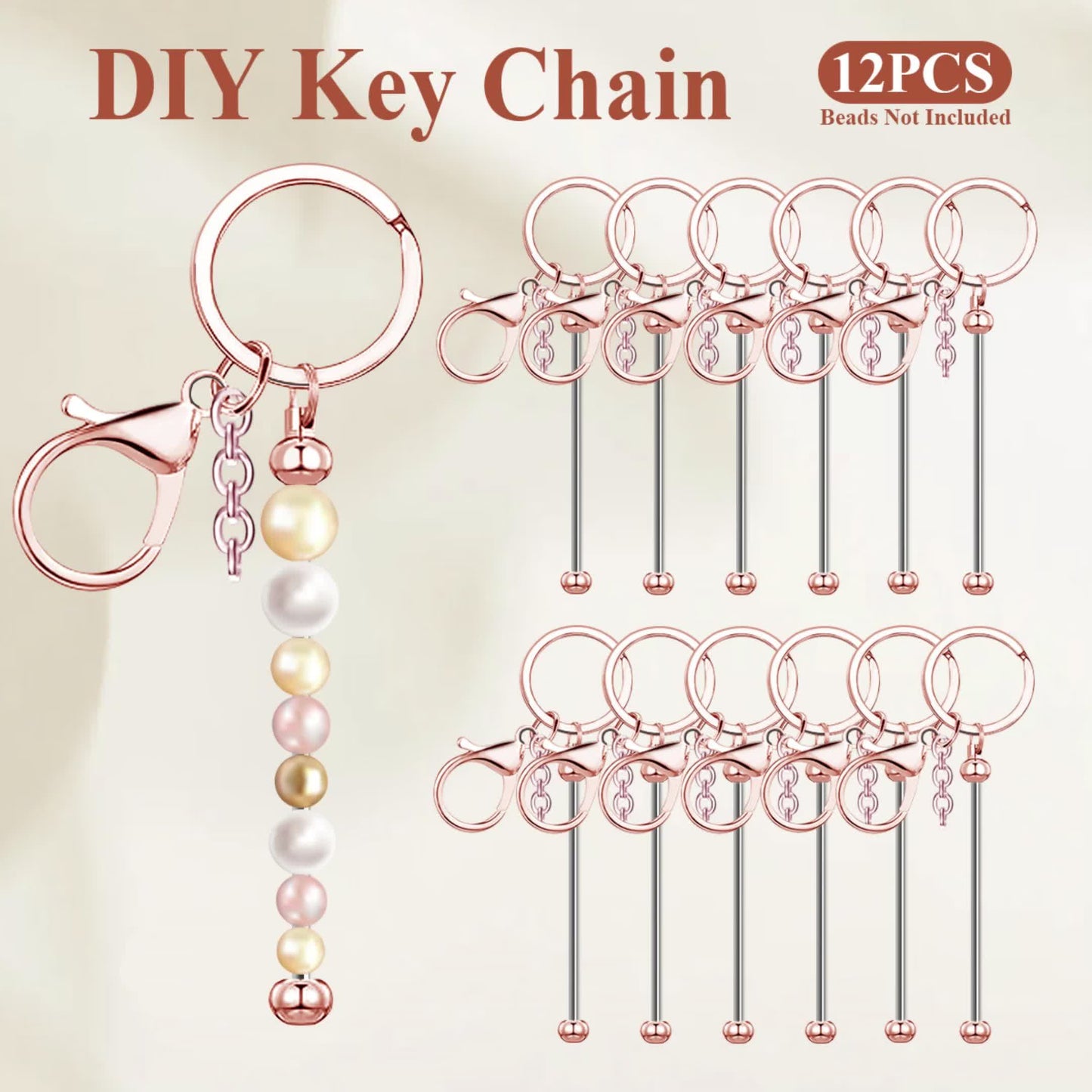 Stainless Steel Beadable Keychain Blanks DIY Kit – 12 & 24pcs Metal Keyring Pendants with Charms for Crafting, Christmas & Halloween Gifts, Gold, Silver & Rose Gold
