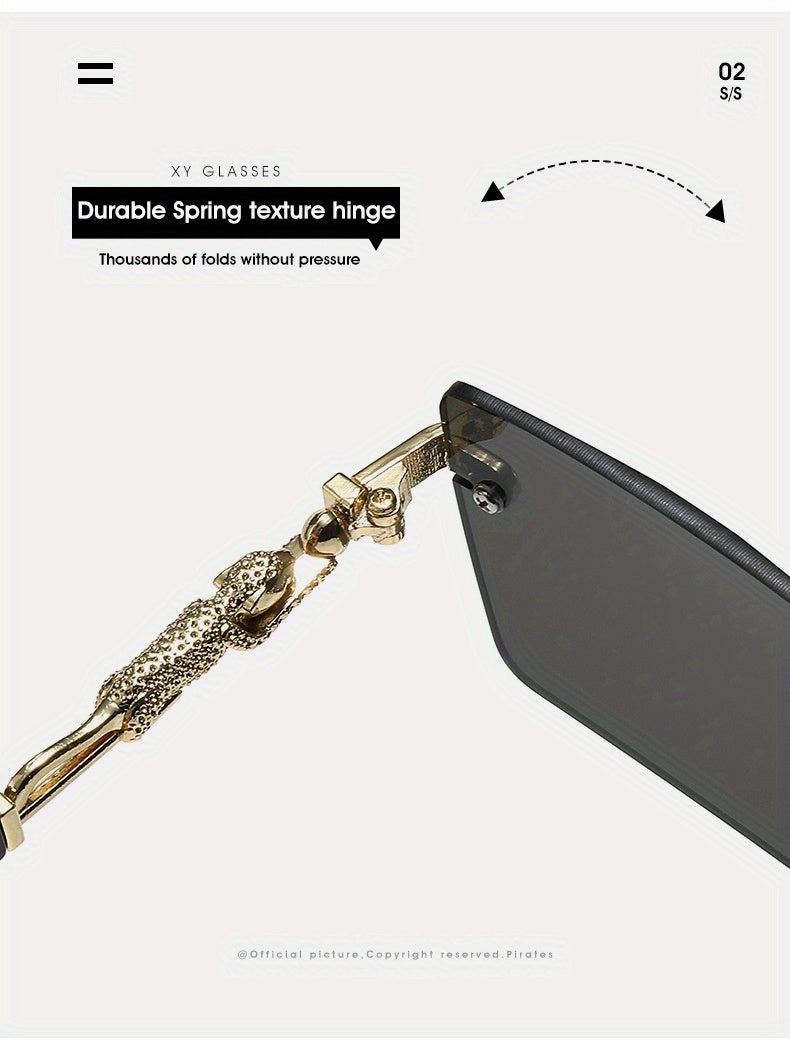 Unisex Rimless Leopard Sunglasses - UV400 Narrow Rectangular Frameless Shades in Black & Gold, Premium Fashion Eyewear for Men & Women, Includes Case & Cloth, Great for Parties Travel & Festivals
