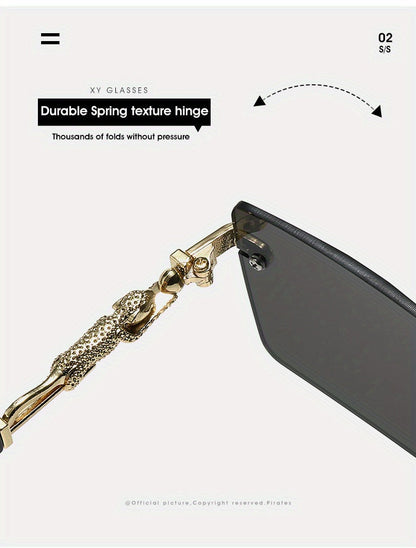 Unisex Luxury Frameless Sunglasses with Leopard Arms - UV400 Narrow Rectangular Lens Black & Gold Fashion Eyewear for Men & Women, Includes Protective Case & Cleaning Cloth for Driving Travel & Parties