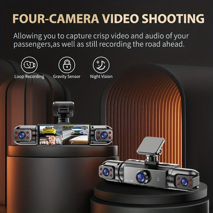 360° 4-Channel Dash Cam 1080P Full Coverage – Front 1080P + 720P Front/Rear/Left/Right, Night Vision WDR G-Sensor Loop Recording, Car Driving Recorder with Optional 32GB/64GB TF Card